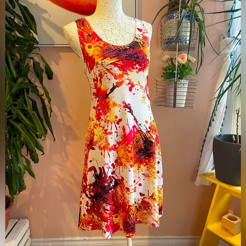 Vintage 90s Red, White & Orange Paint Splatter Print Slip Tank Dress, Size M